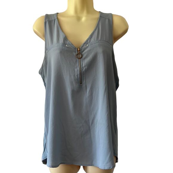 Janet Chung Light Blue Sleeveless Blouse Front Zip Woman Size Medium - Picture 1 of 9